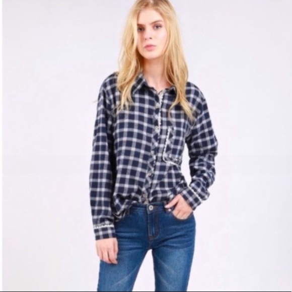 #3600 POL Comfy Navy Plaid Top With Crochet Lace - Picture 12 of 16